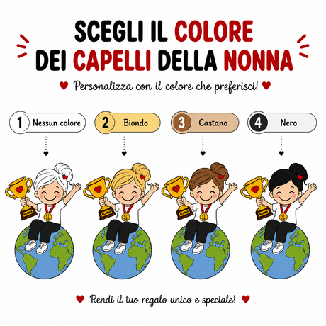 Grafica guida: scegli colore capelli della nonna (Nessun colore, Biondo, Castano, Nero).