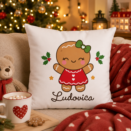 Cuscino natalizio personalizzato bianco con pan di zenzero, decorazioni e nome Ludovica