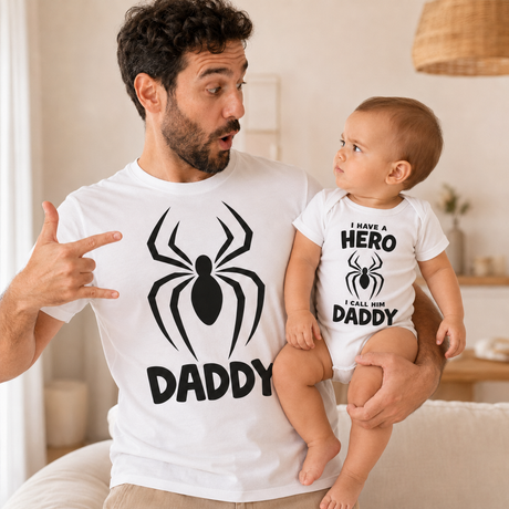 T-shirt bianca padre con stampa ragno DADDY e body bimbo HERO DADDY
