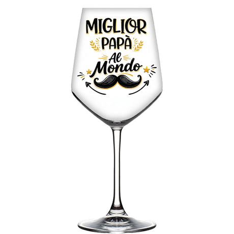 Calice da vino con scritta “Miglior Papà al Mondo” e baffi, vetro trasparente