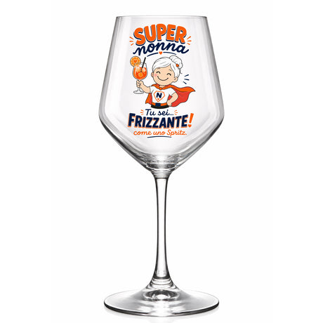 Calice in vetro con stampa “SUPER nonna” e scritta “FRIZZANTE”