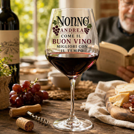 Calice in vetro con scritta “Nonno” e “Come il buon vino, migliori con il tempo”