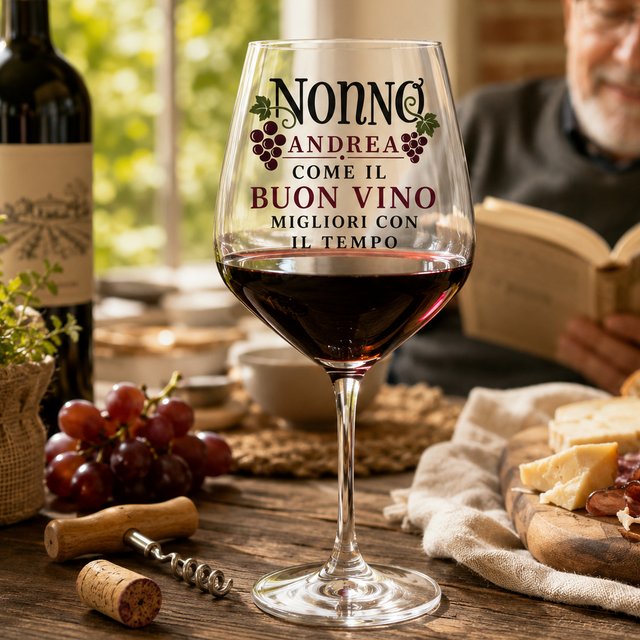 Calice in vetro con scritta “Nonno” e “Come il buon vino, migliori con il tempo”