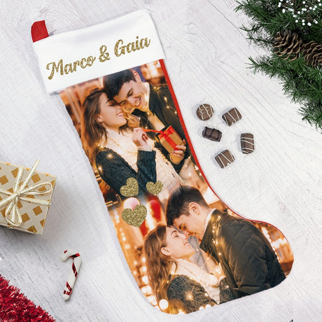 Calza natalizia bianca personalizzata con foto e nome glitter dorato