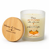 Candela profumata vaniglia bianca con coperchio bamboo inciso “Marco e Viviana”
