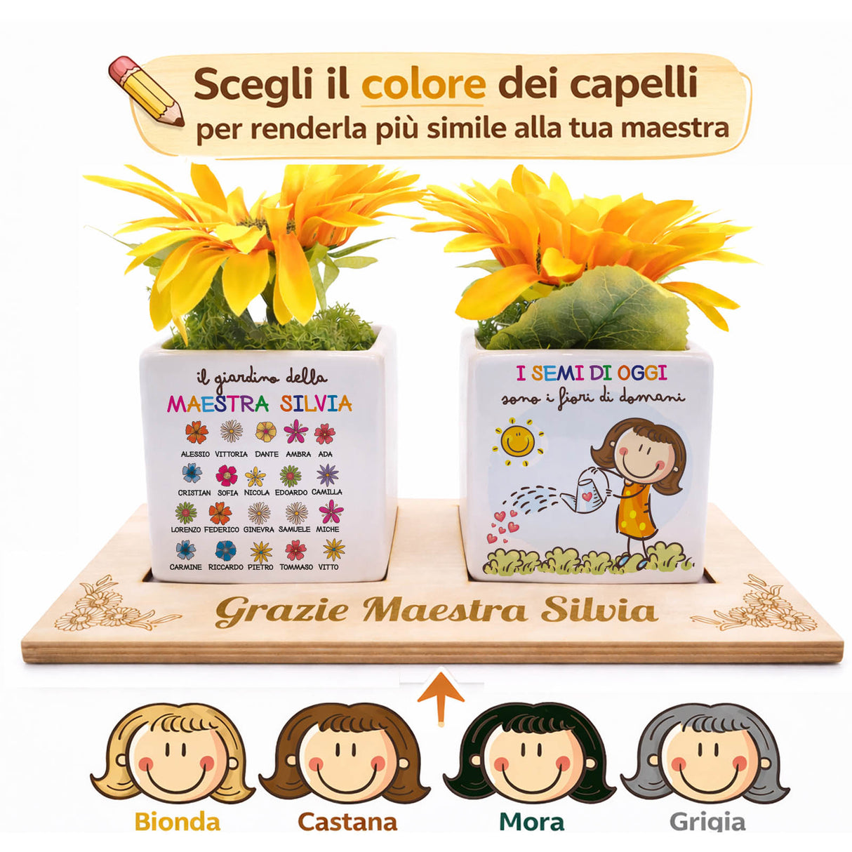 Vasetti bianchi con fiori arancioni e icone colore capelli: Bionda, Castana, Mora, Grigia
