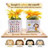 Vasetti bianchi con fiori arancioni e icone colore capelli: Bionda, Castana, Mora, Grigia