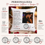Cuscino personalizzato con foto e testo, con timbri rotondi selezionabili in schermata