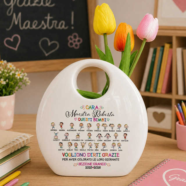 Borsa vaso bianca con manico, tulipani decorativi e scritta personalizzata.
