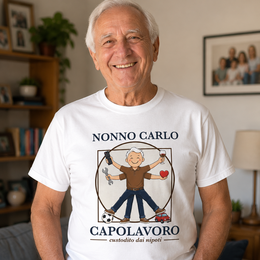 T-shirt bianca con stampa “NONNO CARLO” e “CAPOLAVORO” con nonno e pallone da calcio