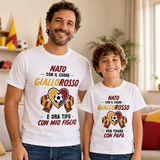 Padre e figlio in t-shirt bianche con stampa calcio giallorossa e cuore Giallorosso