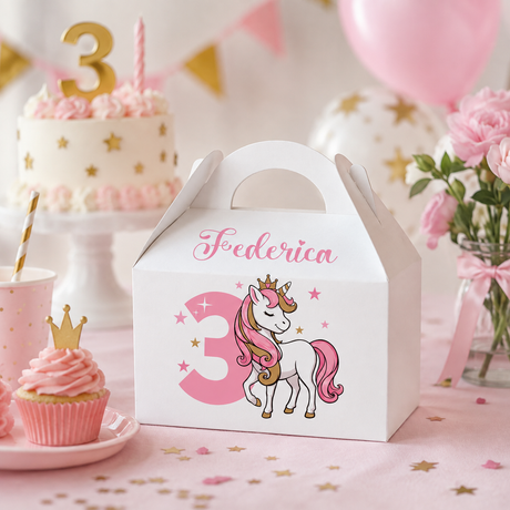 Scatolina regalo bianca con maniglia, scritta Federica rosa e unicorno con stelle