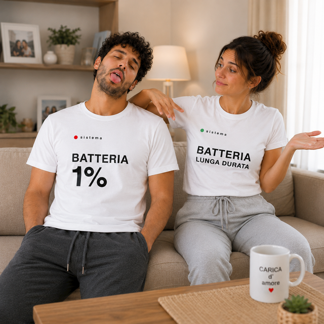 Coppia di magliette bianche indossate: BATTERIA 1% e LUNGA DURATA, logo Sistema