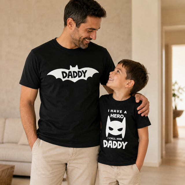 Magliette nere papà e figlio con stampa DADDY e scritta 'I Have a Hero' sul petto