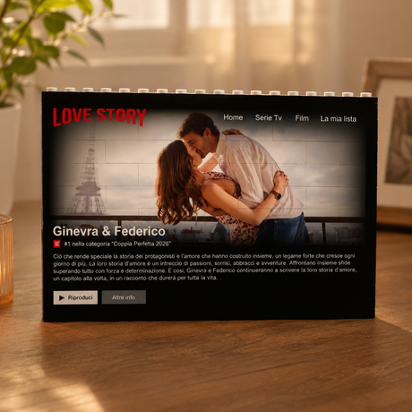 Cornice in mattoncini personalizzata nera con foto di coppia e scritta LOVE STORY