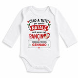 Body neonato natalizio bianco a manica lunga con scritta e GENNAIO, grafica Babbo Natale