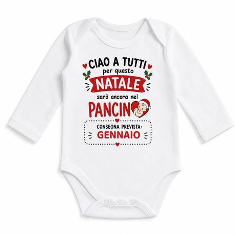 Body neonato natalizio bianco a manica lunga con scritta e GENNAIO, grafica Babbo Natale