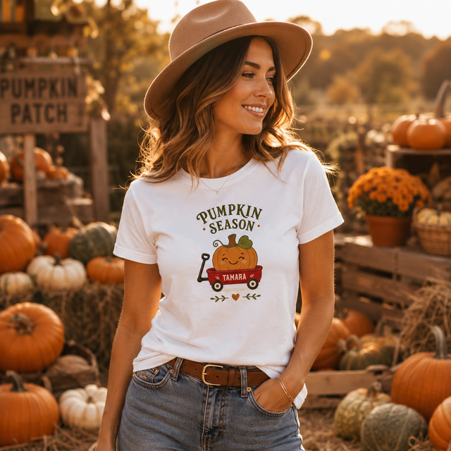 Maglietta donna bianca “Pumpkin Season” con stampa a zucca e nome TAMARA