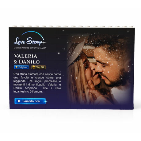 Cornice fotografica nera con mattoncini bianchi in alto, foto coppia e Love Story
