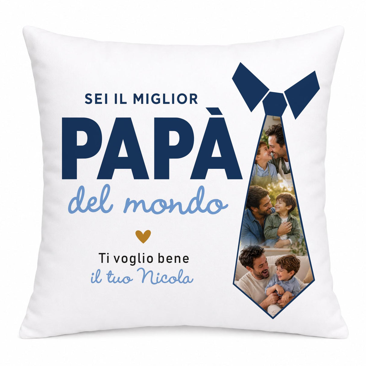 Cuscino bianco con stampa a cravatta, Sei il miglior papà del mondo e tre foto