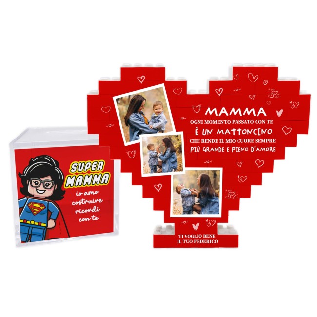 Cuore in mattoncini rossi con cornice fotografica e scatola regalo trasparente Super Mamma.