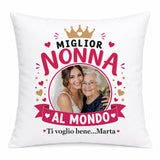 Cuscino bianco con stampa 'Miglior Nonna al mondo' e foto, Ti voglio bene...Marta