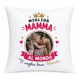 Cuscino bianco con stampa «Miglior Mamma al Mondo», corona e foto; ti voglio bene, Bianca