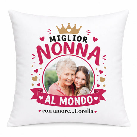 Cuscino bianco con stampa 'Miglior Nonna al mondo' e foto, con amore...Lorena