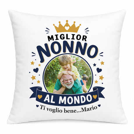 Cuscino bianco personalizzato con scritta 'Miglior Nonno' e foto bimbo
