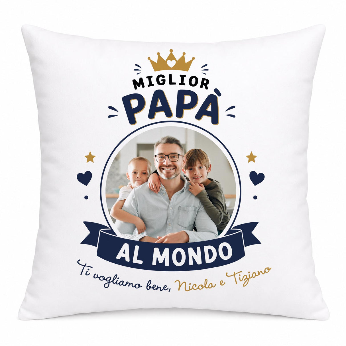 Cuscino bianco con foto e scritta 'Miglior Papà al Mondo'.