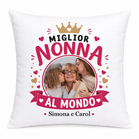 Cuscino bianco con stampa 'Miglior Nonna al mondo' e foto, Simona e Carol