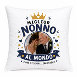 Cuscino bianco personalizzato 'Miglior Nonno al Mondo' con foto coppia