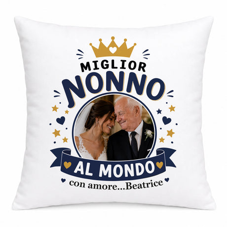 Cuscino bianco personalizzato 'Miglior Nonno al Mondo' con foto coppia