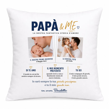 Cuscino bianco con stampa PAPÀ & ME, due foto e testo d’amore per papà e figlia