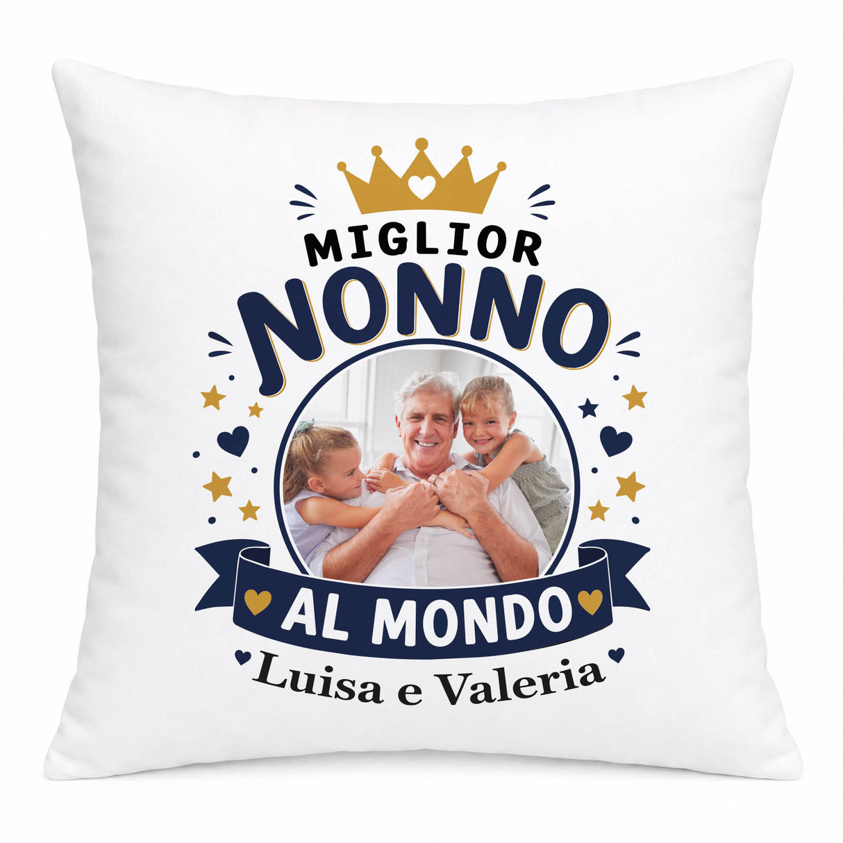 Cuscino bianco personalizzato 'Miglior Nonno al Mondo' con foto famiglia