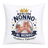 Cuscino bianco personalizzato 'Miglior Nonno al Mondo' con foto famiglia