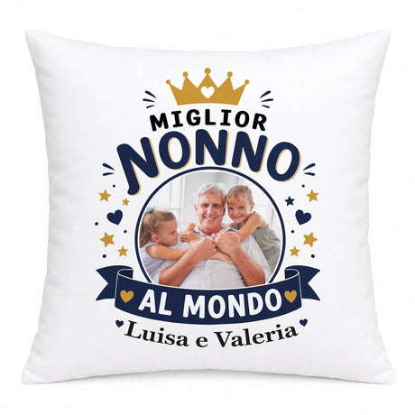 Cuscino bianco personalizzato 'Miglior Nonno al Mondo' con foto famiglia