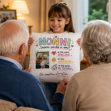 Cuscino bianco “NONNI” con foto, tenuto da bambina davanti a due nonni