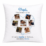 Cuscino bianco con collage di 7 foto e testo «Papà insieme a te», «cuore felice»