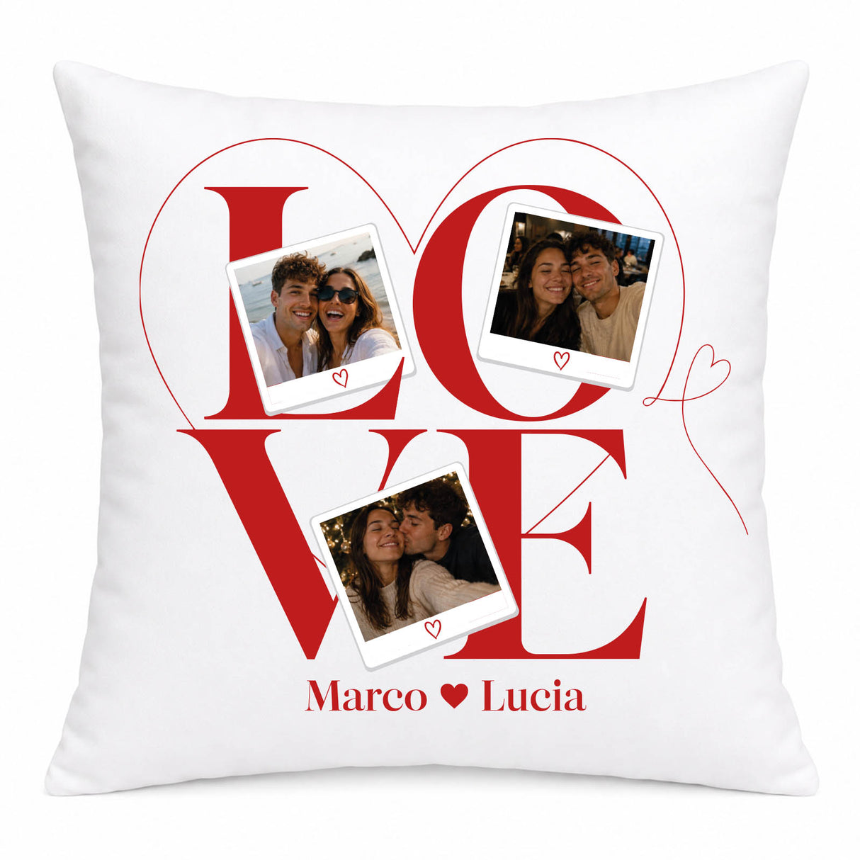 Cuscino bianco LOVE rosso con 3 foto e cuoricini, Marco e Lucia