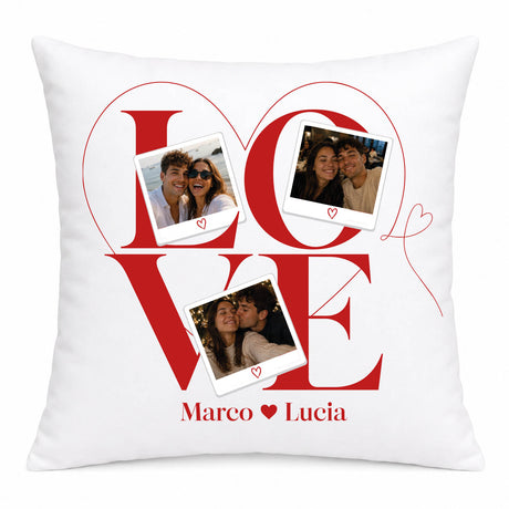 Cuscino bianco LOVE rosso con 3 foto e cuoricini, Marco e Lucia