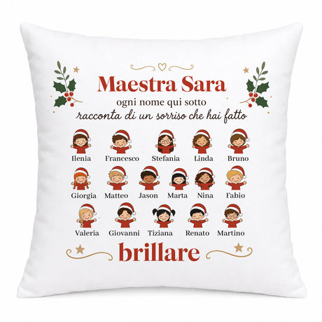 Cuscino personalizzato bianco con scritta Maestra Sara, nomi alunni e icone sorridenti