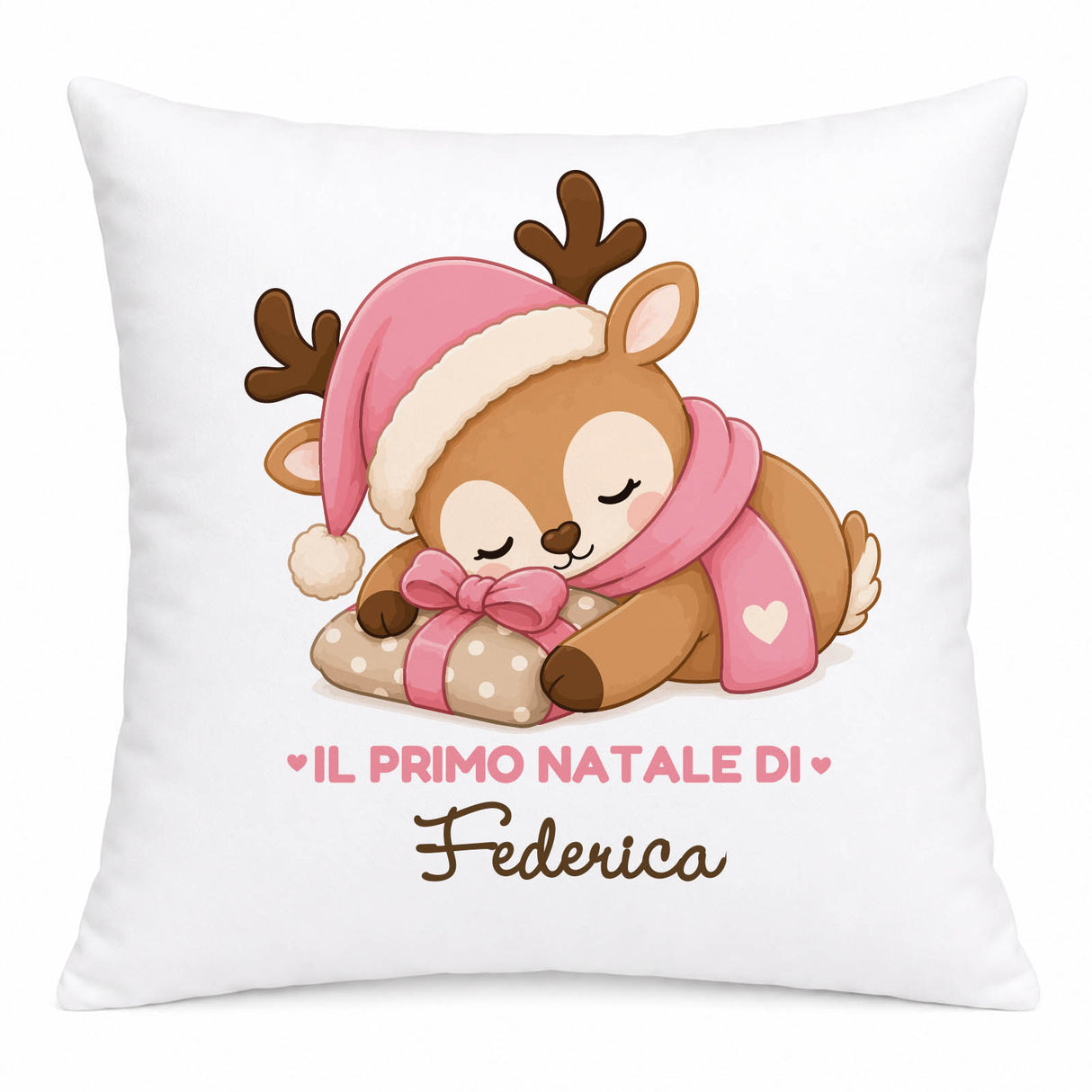 Cuscino bianco con renna rosa dormiente e nome Federica