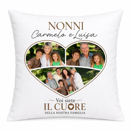 Cuscino bianco personalizzato con cuore, foto e scritte: Nonni Carmelo e Luisa