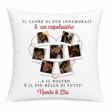 Cuscino bianco personalizzato con cuore in foto e testo “Mando & Lila”.