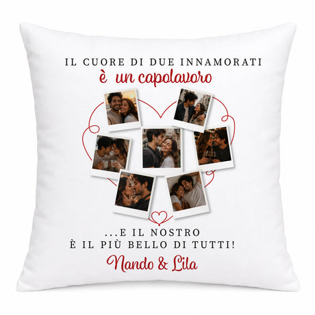 Cuscino bianco personalizzato con cuore in foto e testo “Mando & Lila”.