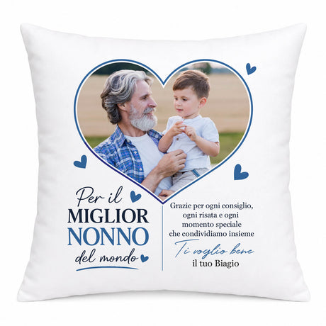 Cuscino bianco con foto in cuore, testo per il miglior nonno e cuoricini blu