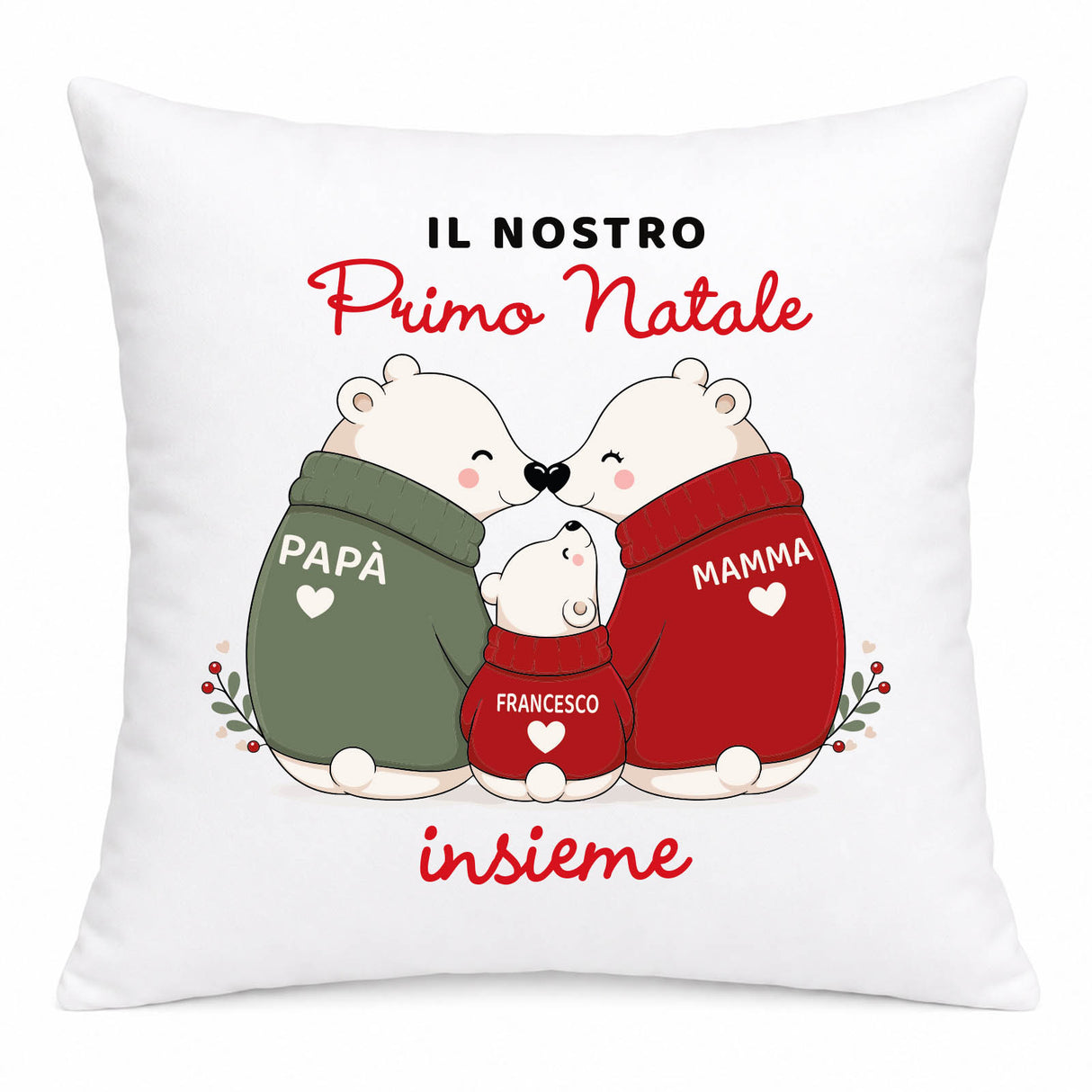 Cuscino bianco con stampa “Il nostro Primo Natale insieme”, Papà e Mamma
