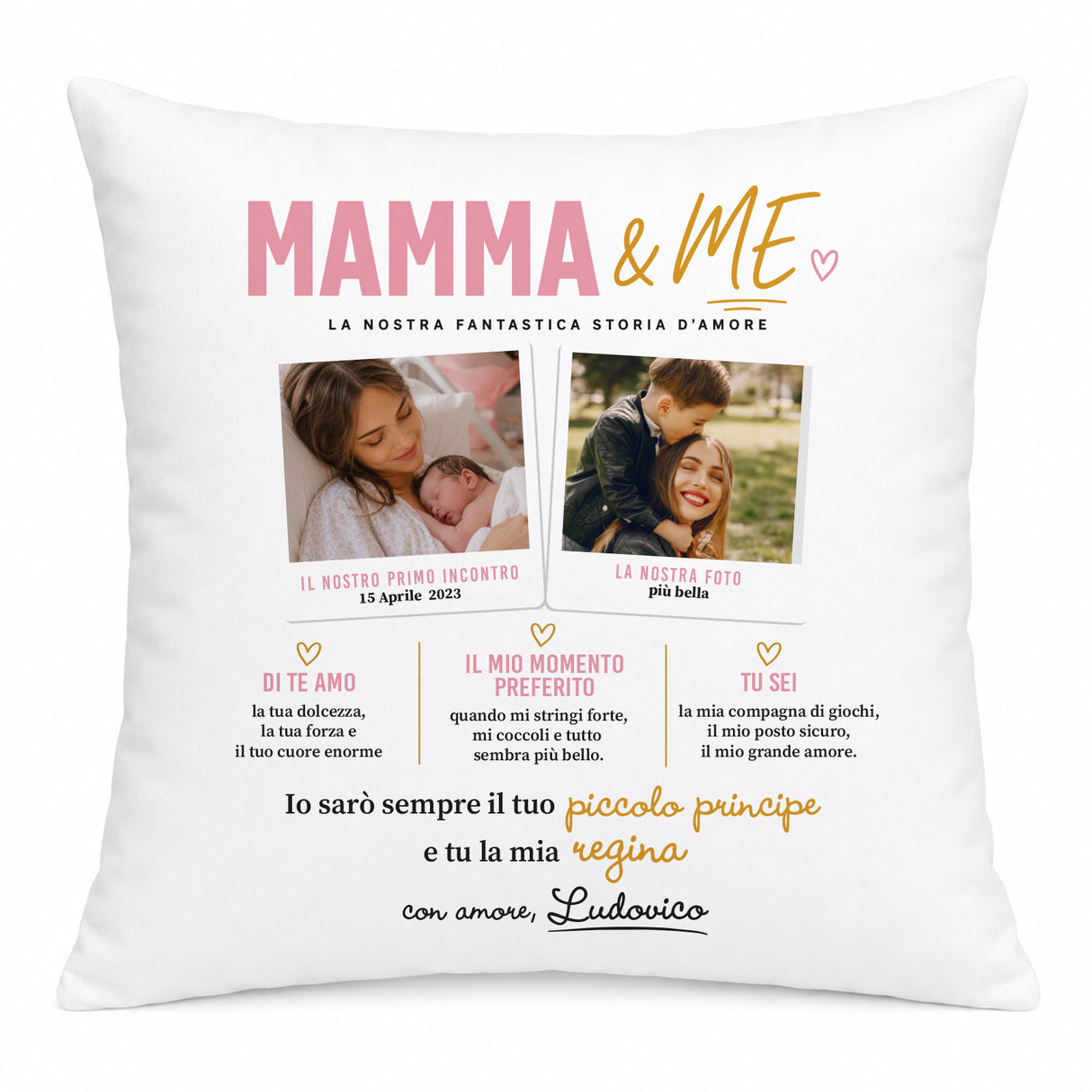 Cuscino personalizzato bianco con MAMMA & ME, due foto e dedica