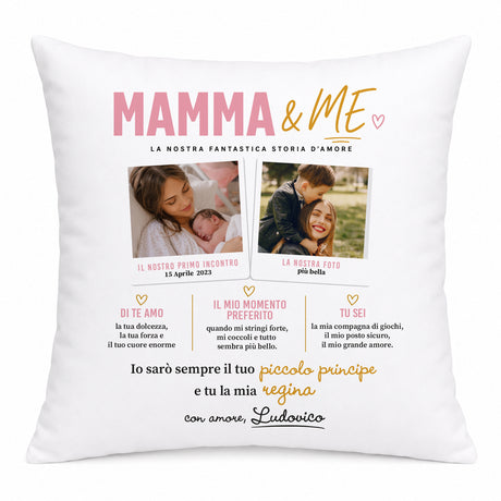 Cuscino personalizzato bianco con MAMMA & ME, due foto e dedica